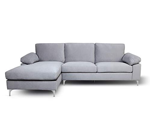 Aiscool Velvet Sectional Sofa Modern Back Couch Left Hand Facing Chaise with Metal Legs L-Shaped Couch for Family Living Room (Light Grey)