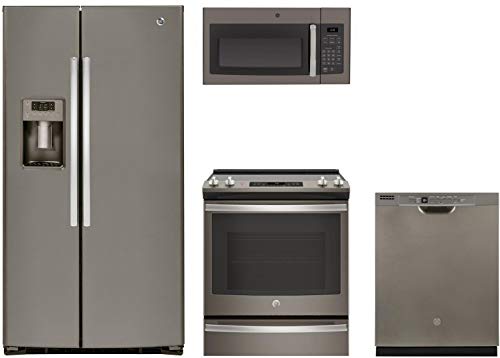 GE 4-Piece Kitchen Package with GSE25HMHES 36" Side by Side fridge, JS760ELES 30" Slide-In Electric Range, JVM3160EFES 30" Over-the-Range Microwave and GDF530PMMES 24" Full Console Dishwasher in Slate