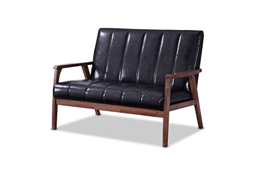 Baxton Furniture Studios Nikko Mid-Century Modern Scandinavian Style Faux Leather Wooden 2 Seater Loveseat, Black