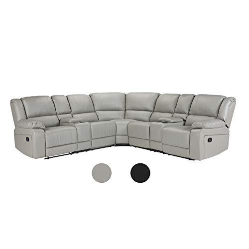 K·1 Classic and Traditional Bonded Leather Manual Reclining Corner Sectional Sofa w/Cup Holder Living Room, Grey PU
