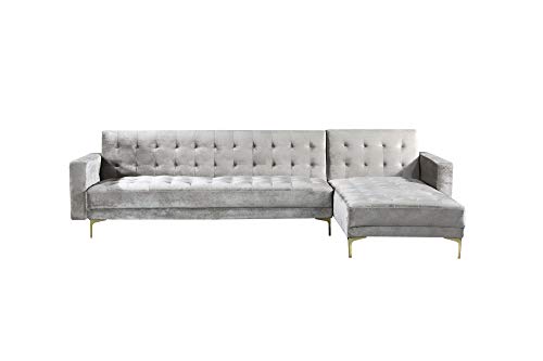 Iconic Home Amandal Convertible Sofa Sleeper Bed L Shape Chaise Tufted Velvet Upholstered Gold Tone Metal Y-Leg Modern Contemporary, Right Facing Sectional, Silver Velvet
