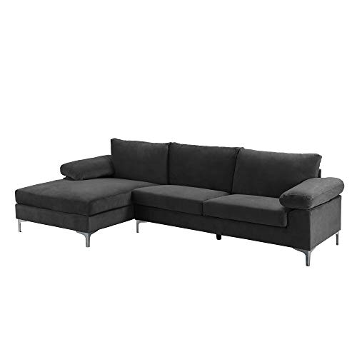 Casa AndreaMilano Modern Large Velvet Fabric Sectional Sofa, L-Shape Couch with Extra Wide Chaise Lounge, Silver