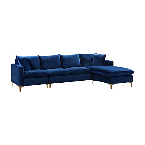 Meridian Furniture Naomi Collection Modern | Contemporary Velvet Upholstered REVERSIBLE Sectional with Rich Gold or Chrome Legs, Navy