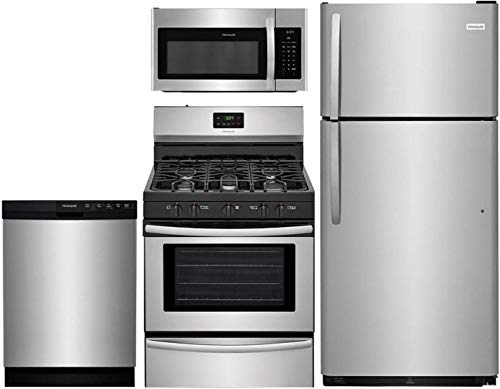 Frigidaire 4 Pcs Stainless Steel Kitchen Package with FFTR1821TS 30" Top Freezer Fridge, FFGF3052TS 30" Gas Range, FFBD2412SS 24" Full Console Dishwasher and FFMV1645TS 30" Over-the-Range Microwave