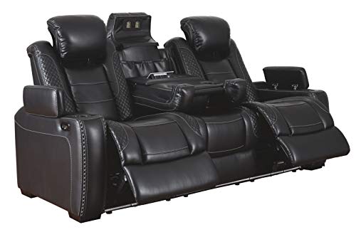 Signature Design by Ashley - Party Time Contemporary Faux Leather Power Reclining Sofa - LED Lighting - Black
