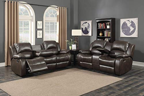 AC Pacific Samara Collection Modern Upholstered 2-Piece Living Room Set with Reclining Sofa and Loveseat with Storage Console and Cup Holders, Dark Brown