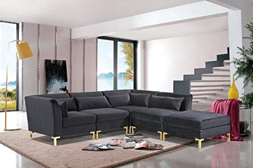 Iconic Home Guidi Modular Chaise Sectional Sofa Solid Gold Tone Metal Y-Leg with 6 Throw Pillows, Modern Contemporary, Black