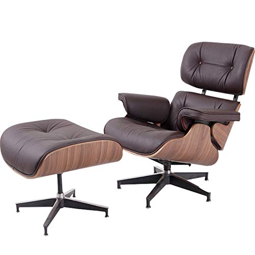 NORAN Lounge Chair Genuine Leather Recliner with Ottoman Mid Century Heavy Duty Aluminum Base, 360 Degree Swivel Modern Chaise for Bedroom/Living Room/Office Hose Chair (Walnut + Dark Brown)