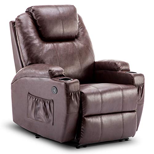 Mcombo Electric Power Recliner Chair with Massage and Heat, 2 Positions, USB Charge Ports, 2 Side Pockets and Cup Holders, Faux Leather 7050 (Dark Brown)