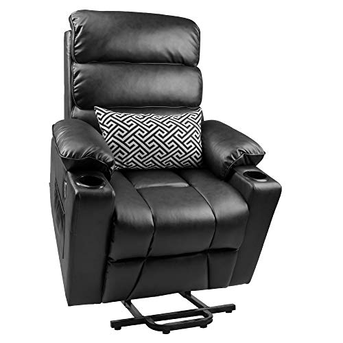 Maxxprime Electric Power Lift Recliner Chair Sofa with Massage and Heat for Elderly, PU Faux Leather, Dual OKIN Motor, Wheel, Infinite Position Lay Flat, 2 Side Pockets, Cup Holders, USB Ports (Black)
