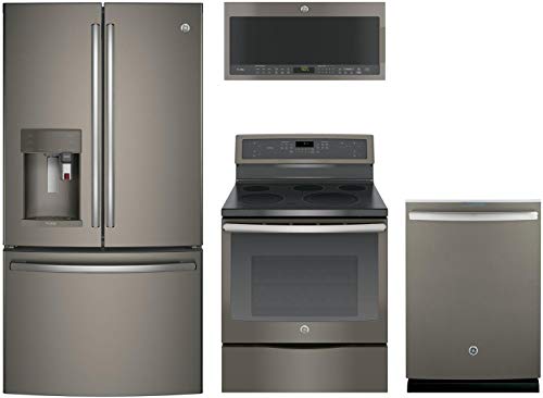 GE Profile 4-Piece Kitchen Package with PFE28PMKES 36" Fridge, PB911EJES 30" Freestanding Electric Range, PVM9005EJES 30" Over the Range Microwave and PDT845SMJES 24" Fully Integ. Dishwasher in Slate