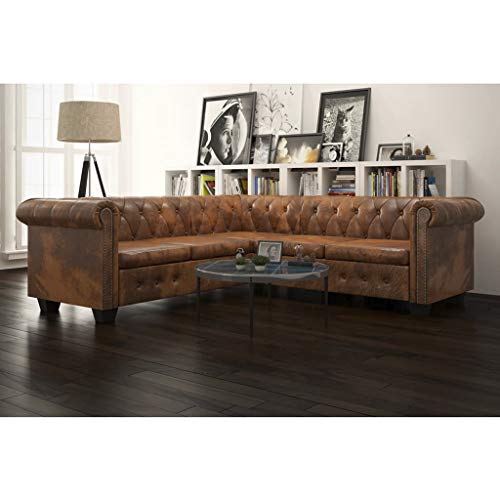 INLIFE Chesterfield Corner Sofa,L Shape 5-Seater Sectional Sofa for Living Room Brown Faux Leather