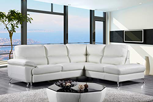 Cortesi Home Contemporary Miami Genuine Leather Sectional Sofa with Right Chaise Lounge, Cream