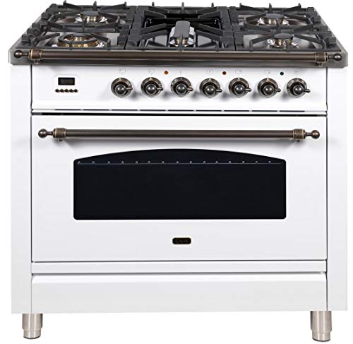 Ilve UPN90FDMPBYLP 36" Nostalgie Series Dual Fuel Liquid Propane Range with 5 Sealed Brass Burners 3 cu. ft. Capacity True Convection Oven with Bronze Trim in White