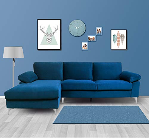 Aoboco Convertible Sectional Sofa Velvet Sectional Couches Modern L-Shape Couch Tufted Chaise Couch with Metal Legs 4-seat Couches for Living Room and Apartment (Navy Blue)