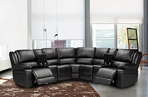 Symmertrical Reclining Sectional Sofa with Streamlined Transitional Recline Seating, 2 Consoles with Cup Holders, 2 Recliners, Storage Included Sofa Couch for Living Room (PU Black)
