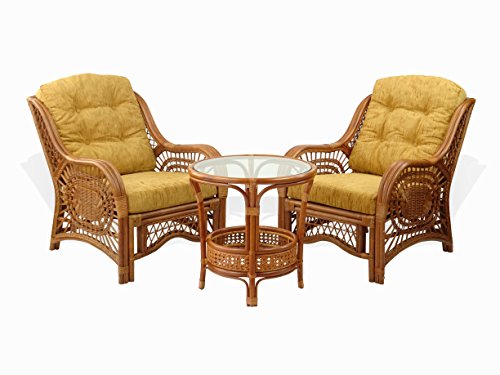 SunBear Furniture Malibu Set of 2 Natural Rattan Wicker Chairs with Light Brown Cushions and Round Coffee Table ECO Handmade, Cognac