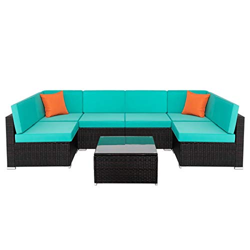 MAG.AL Convertible Sectional Sofa Set, Fully Equipped Iron Pipe + Rattan + Tempered Glass Sectional Couches, for Living Room Apartment
