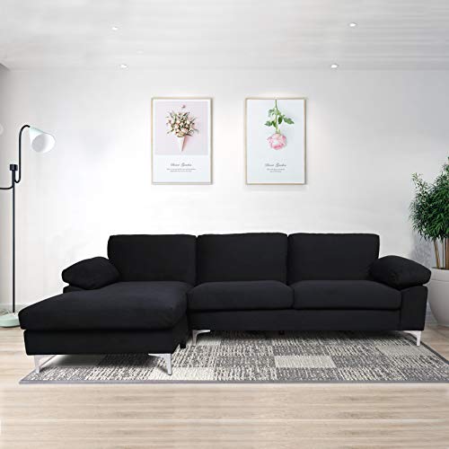 Knowlife Sectional Sofa Couch for Living Room Modern Velvet L-shacked Chaise, Black Couch