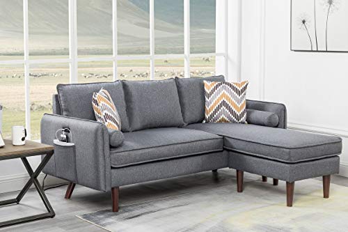 Lilola Home Mia Contemporary Modern Gray Linen Fabric Padded Upholstered Couch Sectional Sofa Chaise with USB Charger Phone Charging Port Dock Station Mid-Century Modern Style Solid Wood Legs