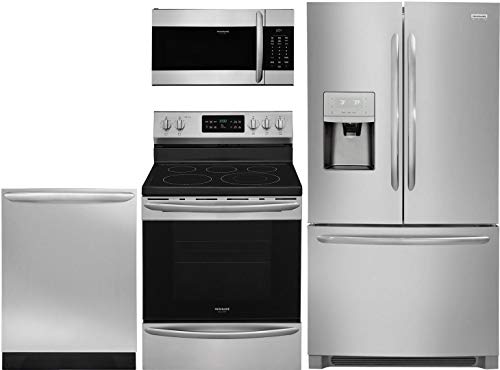 Frigidaire 4 Piece Kitchen Appliance Package with FGHD2368TF 36" French Door Refrigerator FGEF3036TF 30" Electric Range FGMV176NTF 30" Over the Range Microwave and FGID2466QF 24" Built In Dishwasher in Stainless Steel