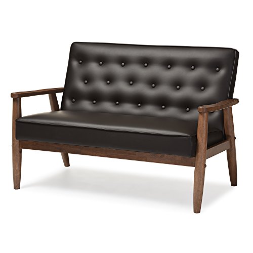 Baxton Studio Sorrento Mid-Century Retro Modern Faux Leather Upholstered Wooden 2-Seater Loveseat, Brown