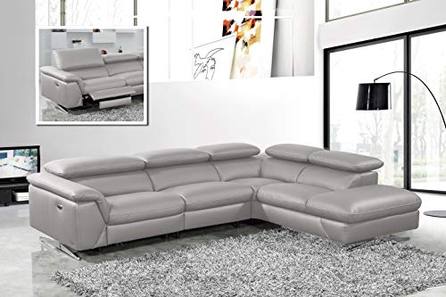 Limari Home Maldonado Collection Modern Style Living Room Eco-Leather Sectional Sofa with Electric Recliner, Right Facing Chaise & Adjustable Headrests, Medium Gray