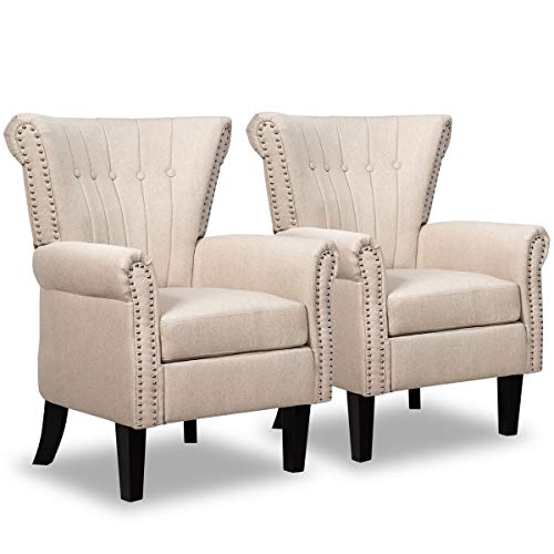 Giantex Set of 2 Fabric Accent Chairs, Mid Century Button Tufted Accent Arm Chair w/Adjustable Foot Pads & Nailhead Trim, Comfy Club Chair for Living Room, Bedroom, Office (2, Beige)