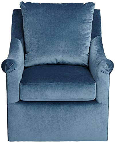 Madison Park Deanna Swivel Arm Chair Blue Velvet Upholstery Black Metal Stand Solid Wood Frame
