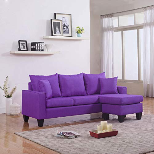 Divano RomaFurniture Modern Linen Fabric Small Space Sectional Sofa with Reversible Chaise (Light Grey), Purple