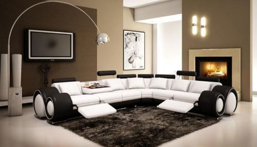 4087 Black & White Top Grain Italian Leather Living Room Sectional Sofa