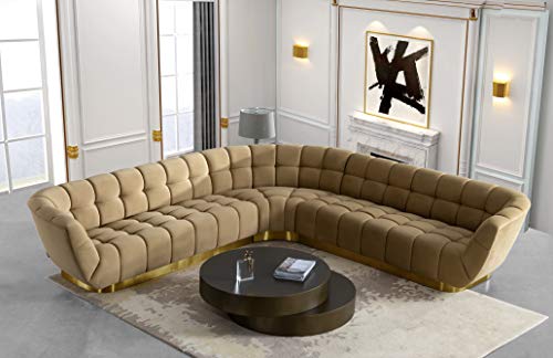 Limari Home Jonatan Collection Glam Style Polyester Fabric Upholstered Blind Biscuit Tufting Symmetrical L-Shape Sectional Sofa with Brushed Gold Stainless Steel Base, Mustard