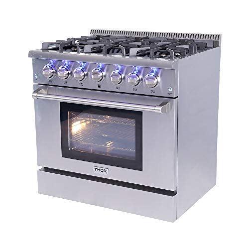 Thor Kitchen Free Standing Freestanding Professional Style Gas Range with Burners, Convection Fan, Cast Iron Grates, and Blue Porcelain Oven Interior, in Stainless Steel (HRG3618U)