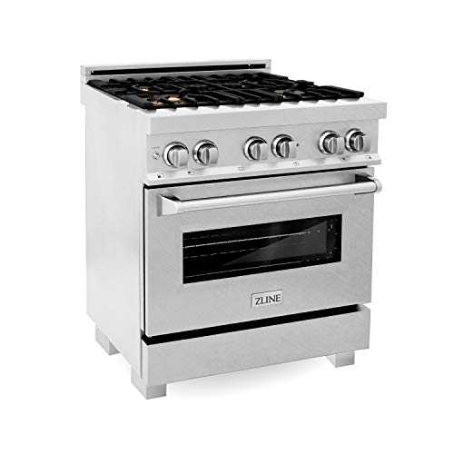 ZLINE 30 in. Professional 4.0 cu. ft. 4 Dual Fuel Range in DuraSnow Stainless Steel with Brass Burners (RAS-SN-BR-30)