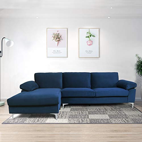 Velvet Sleeper Sectional Sofa Modern Futon Tufted Chaise Couch with Metal Legs Left Hand Facing L-Shape Couch 4-seat Sofas for Apartment Living Room (Navy Blue)