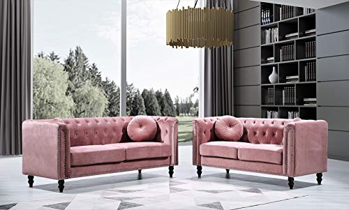 US Pride Furniture Whetzel Chesterfield Sofa and Loveseat Set Sectional, Rose