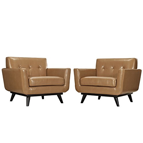 Modway Engage Mid-Century Modern Upholstered Two Armchair Set, Tan Leather