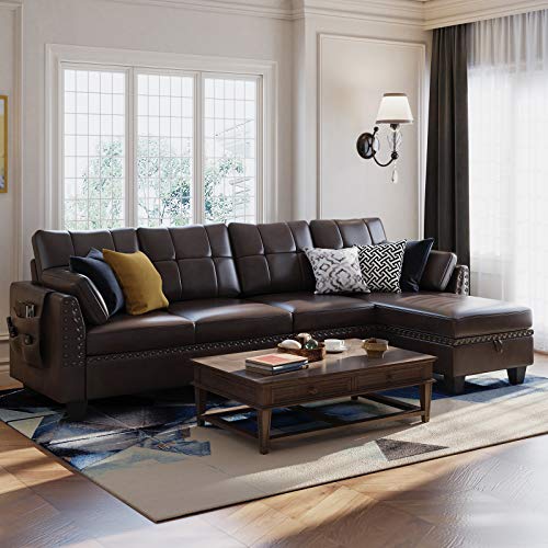 HONBAY Faux Leather Sectional Sofa Couch Reversible L Shaped Couch Sofa 4 Seat Sofa Sectional Couch for Small Apartment