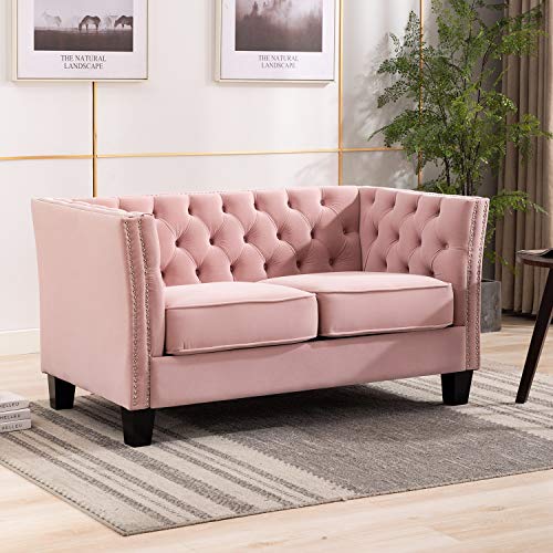 Artechworks Loveseat Sofa Velvet Upholstered Button Tufted Nailhead Trim, Modern Armchair for Living Room, Bedroom, Home Office, Apartment, Pink Color