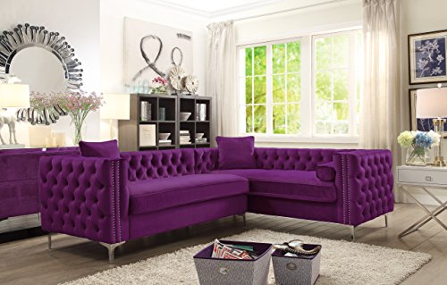 Iconic Home Mozart Right Hand Facing Sectional Sofa L Shape Velvet Button Tufted with Silver Nail Head Trim Silvertone Metal Y-Leg with 3 Accent Pillows Modern Contemporary Plum