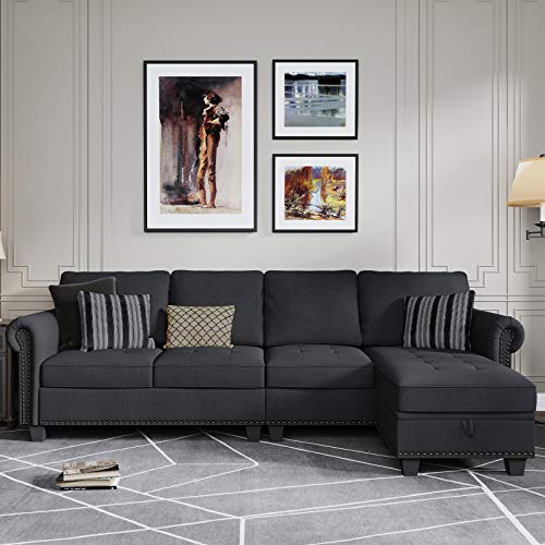 Nolany Convertible Sectional Sofa for Apartment L Shape Couch with Reversible Chaise, 4 Seater Sectional Couch with Tufted Linen and Storage Ottoman, Dark Grey