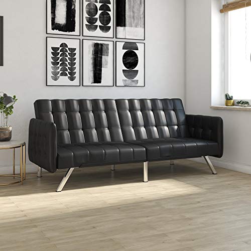 DHP Emily Convertible Futon and Sofa Sleeper, Modern Style with Tufted Cushion, Arm Rests and Chrome Legs, Quickly Converts into a Bed - Black Faux Leather
