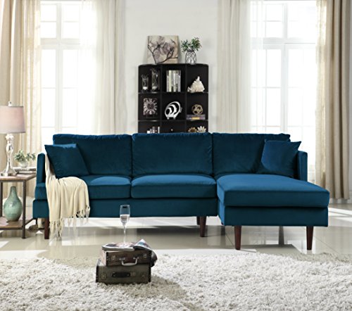 Sofamania Mid-Century Modern Brush Microfiber Sectional Sofa, L-Shape Couch with Extra Wide Chaise Lounge (Dark Blue), Large