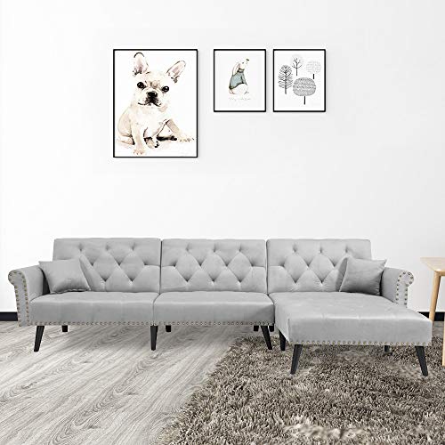 Knowlife Sectional Convertible Futon Sofa Bed, Mid-Century Velvet Sleeper Sofa with Reversible Chaise and 2 Pillows, 115”L Sofa Couch for Living Room and Small Space -Gray