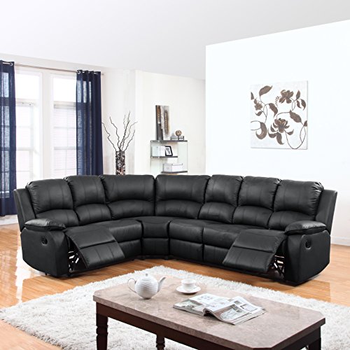 Divano Roma Furniture Classic and Traditional Bonded Leather Reclining Corner Sectional Sofa (Black), Large
