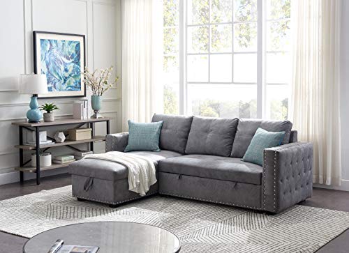 91" Reversible Sleeper Sectional Sofa 3-seat with Nail-Head, Pull-Out Sofa-Bed Sleeper Sofa Bed with Reversible Chaise Lounge (Light Gray)