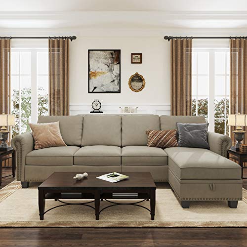 Nolany Convertible Sectional Sofa for Apartment L Shaped Couch with Reversible Chaise 4 Seater Sectional Couch with Storage Ottoman, Dark Khaki