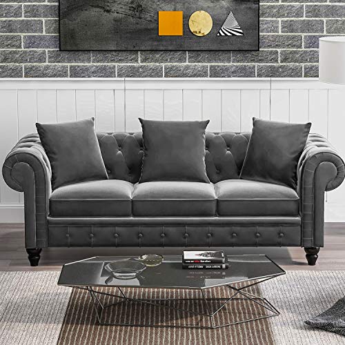 Merax 3 Seat Sofa Velvet Sectional Sofa Sofa Couch for Living Room Classic Chesterfield Sofa Set with 3 Pillows