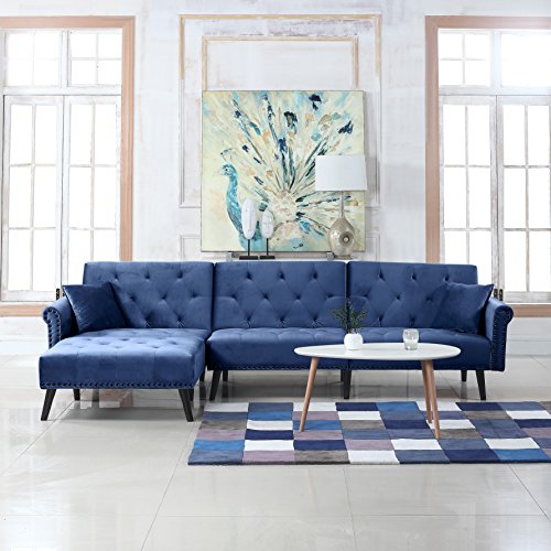 Divano Roma Furniture Middle Century Modern Style Velvet Sleeper Futon Sofa, Living Room L Shape Sectional Couch with Reclining Backrest and Chaise Lounge (Navy Blue)