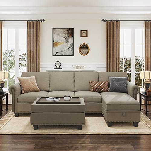 Nolany Convertible Sectional Sofa for Living Room, L Shaped Couch for Apartment, 4 Seat Sofa Set with Reversible Chaise and Storage Ottoman, Dark Khaki